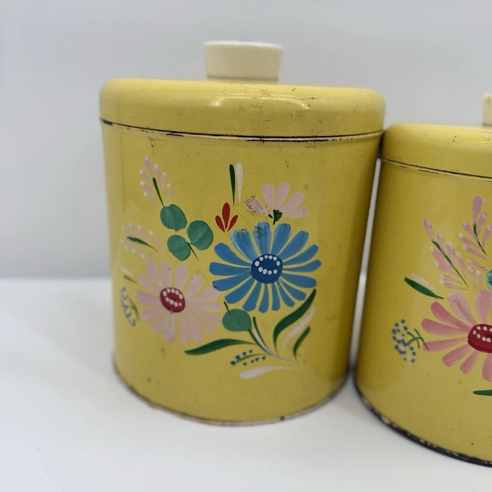 Ransburg Vtg Kitchen Metal Canisters Set of 4 Hand Painted  Yellow Flowers